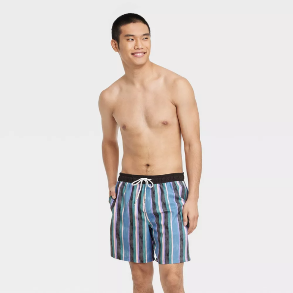 Mens 7 Vertical Striped Swim Trunks
