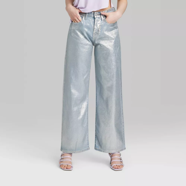 Womens High-Rise Wide Leg Coated Baggy Jeans - Wild Fable™ Silver Metallic