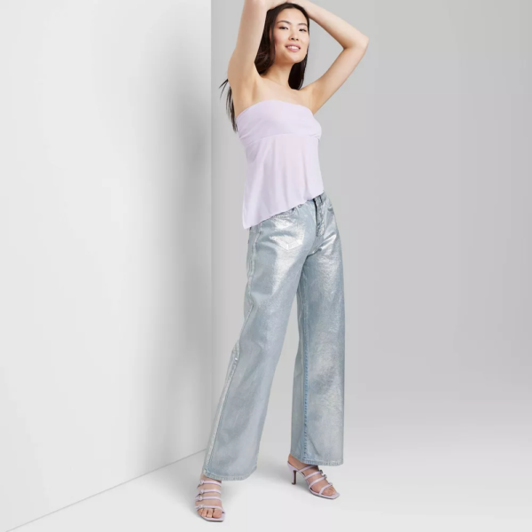 Womens High-Rise Wide Leg Coated Baggy Jeans - Wild Fable™ Silver Metallic