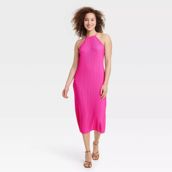 Womens Knit Plisse Midi Shift Dress